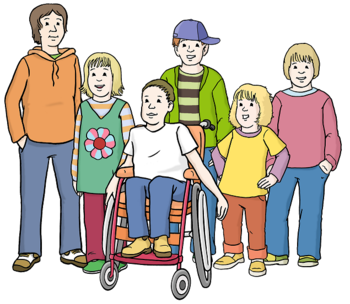 Pitkogramm einer Gruppe von Kindern. Ein Kind sitzt im Rollstuhl.